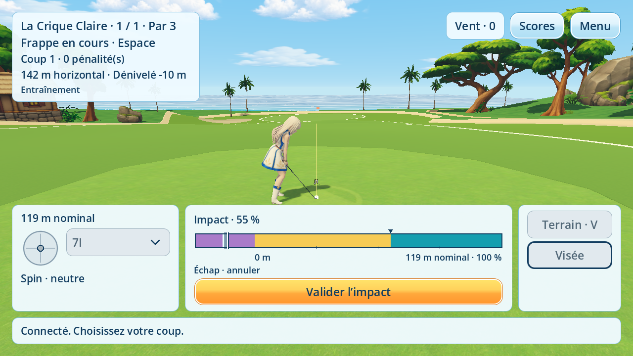 Capture du prototype : la golfeuse prépare son coup sur le parcours Alizee, face à la mer