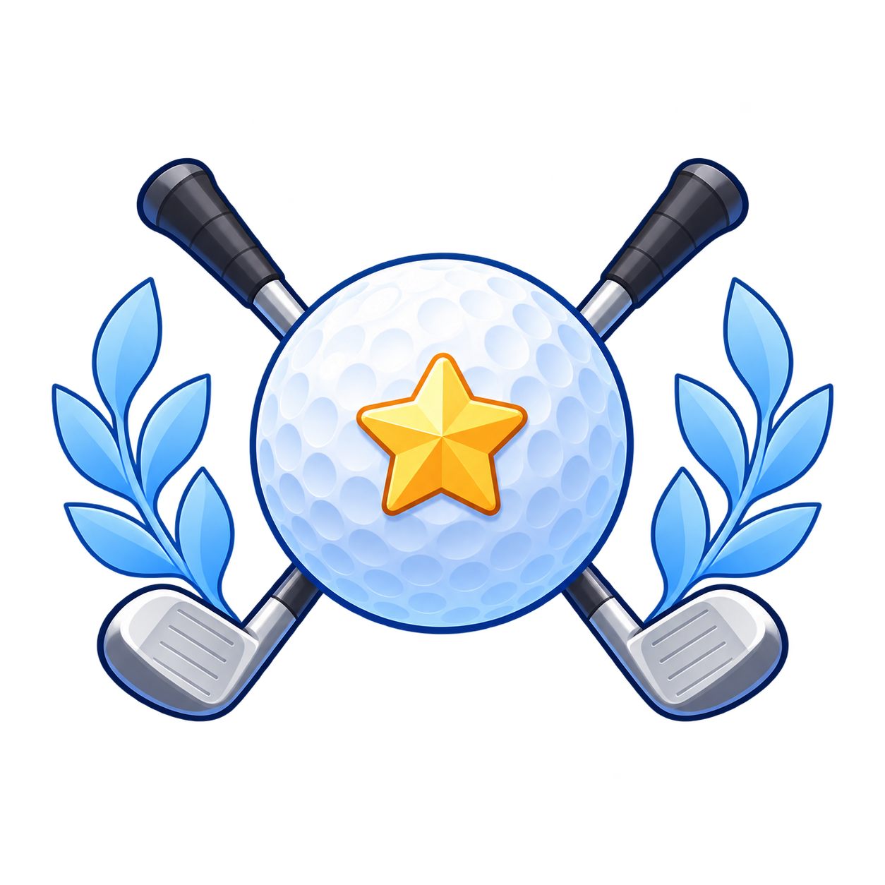 Une balle de golf étoilée entourée de clubs et de lauriers bleus